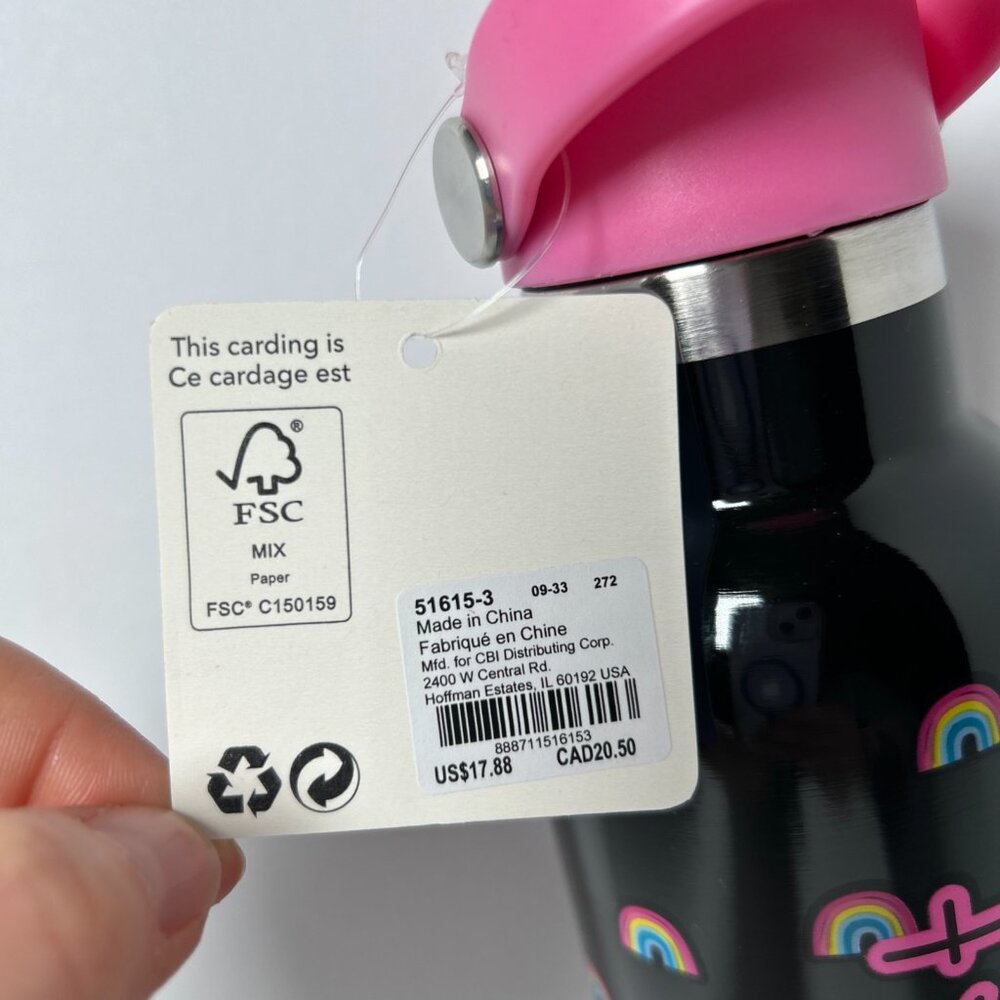 Claire’s Girls 20oz Stainless Steel Water Bottle Optimist Black Pink Rainbow NWT - Picture 3 of 10